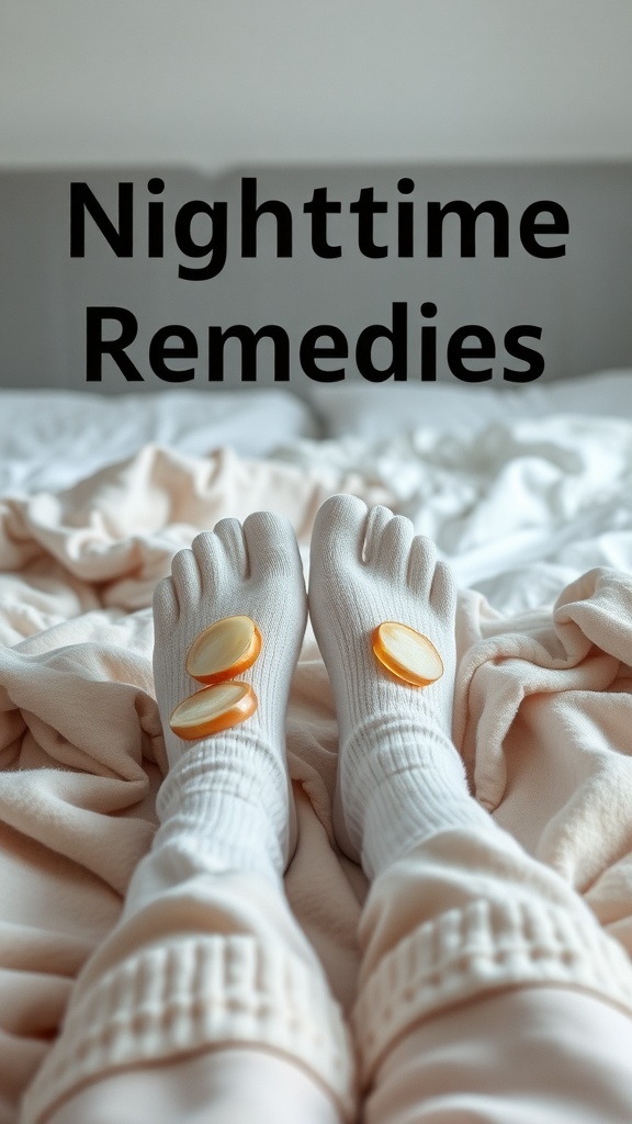 Feet in cotton socks with onion slices for a nighttime remedy.